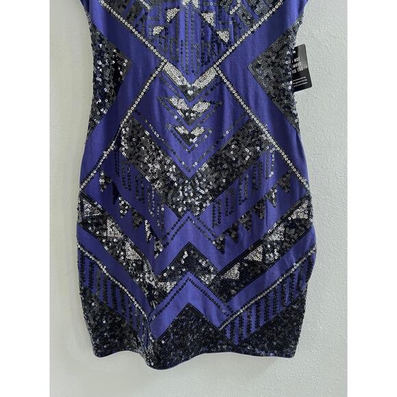 Express Sequin Aztec Art Deco Mini Dress Blue Black Bodycon Party Size Small - Picture 8 of 11